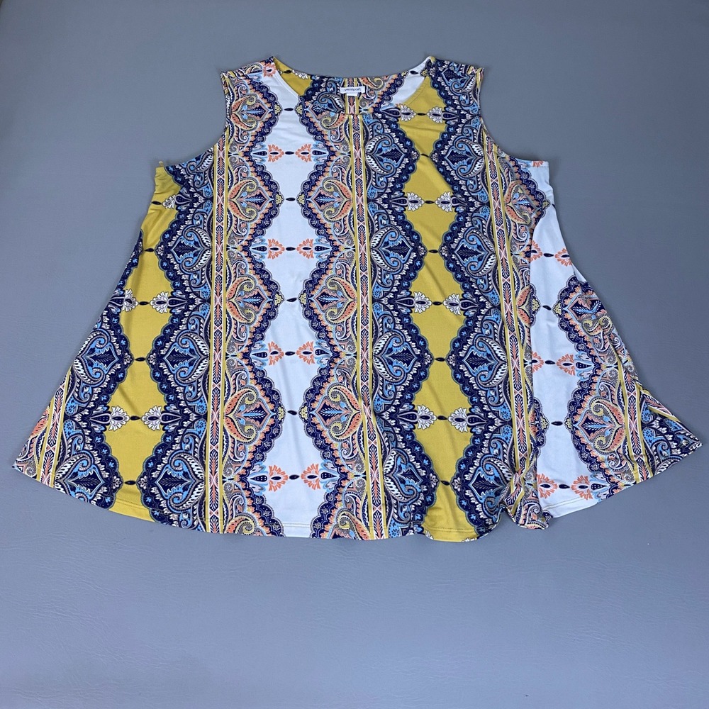 Westport Tunic Tank Top Blouse Women's Plus 2X Yellow Blue Paisley Sleeveless